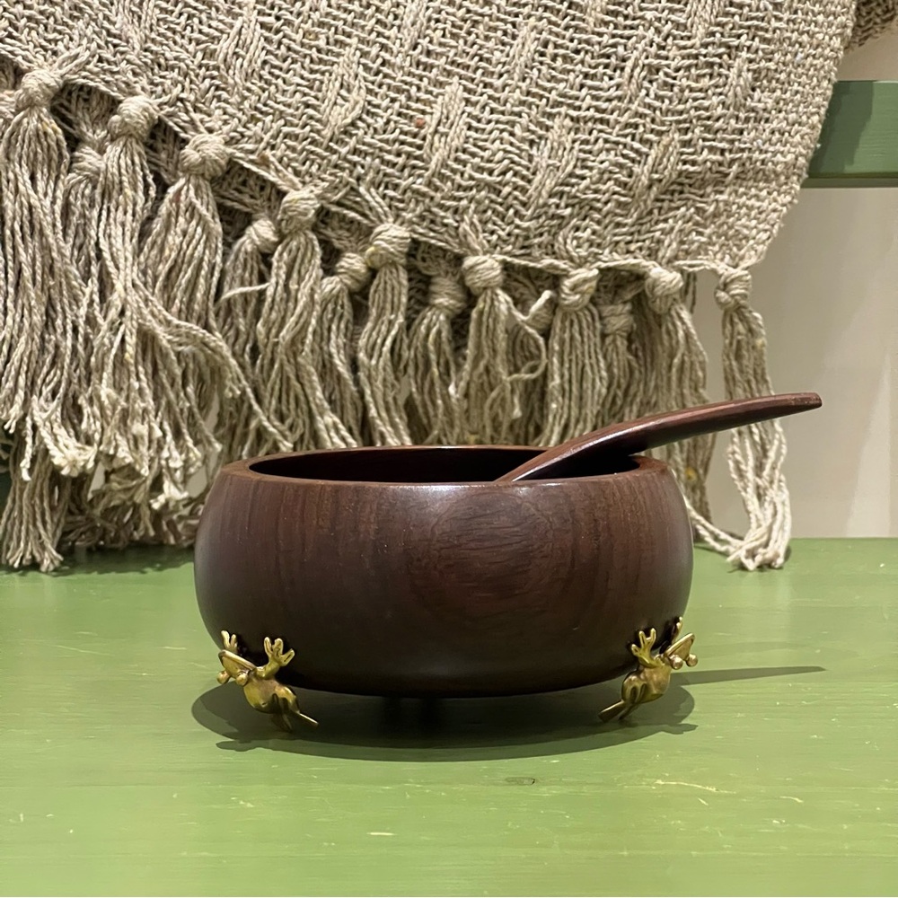 Vintage Wooden Bowl with Spoon and Frog Metal Feet